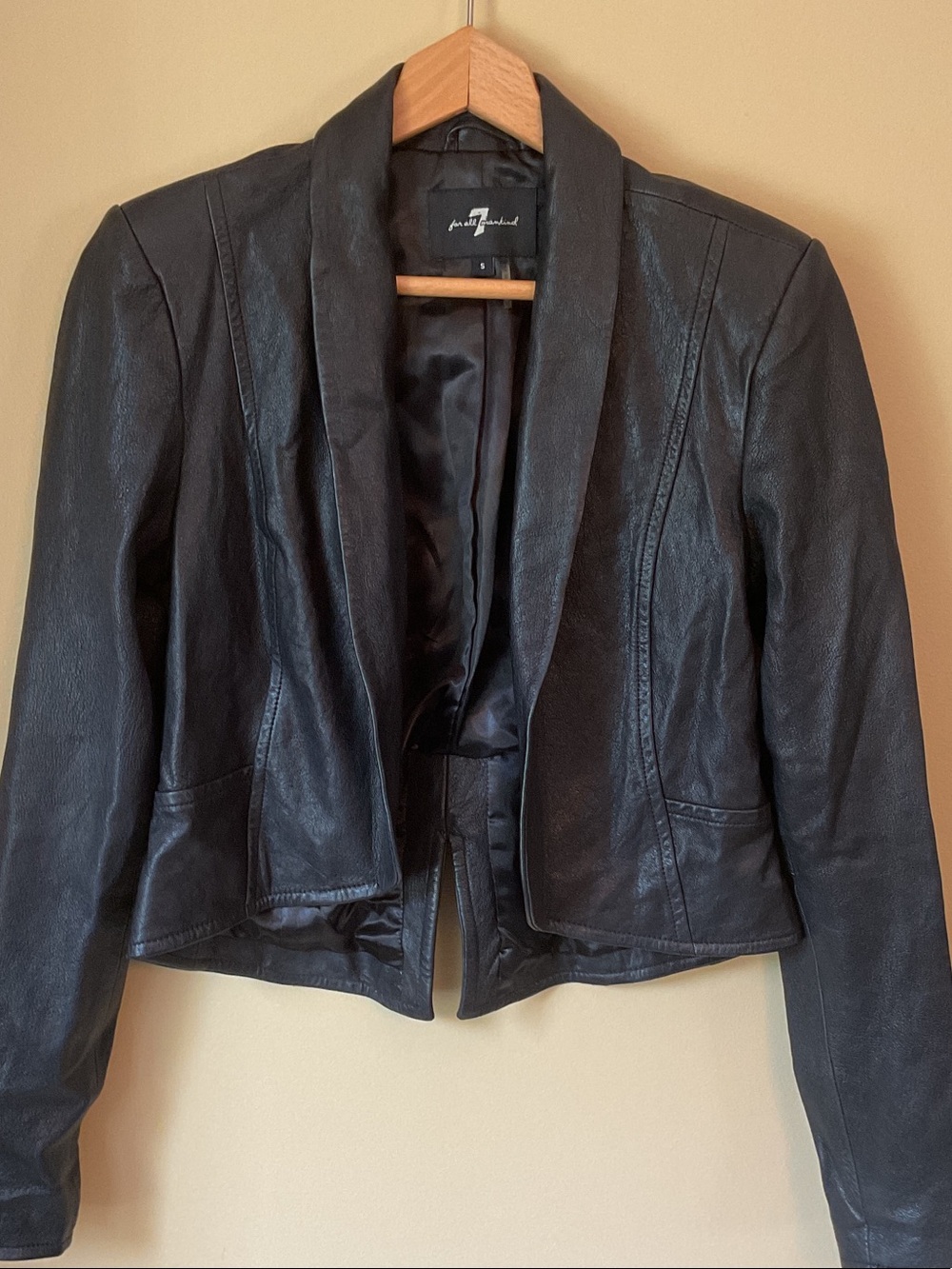 7 For All Mankind Black Leather Cropped Open-Front Jacket Size S